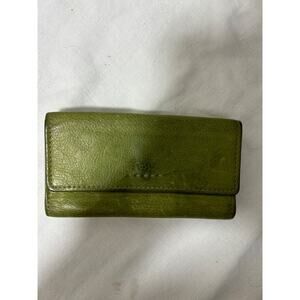 Vtg Fossil Wallet Green Leather Pop Stitch Snap Tri-fold Embossed Logo Card Coin